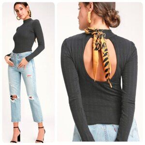 Free People Party in the Back Black Boho Ribbed Mock Neck Open Back Top XS